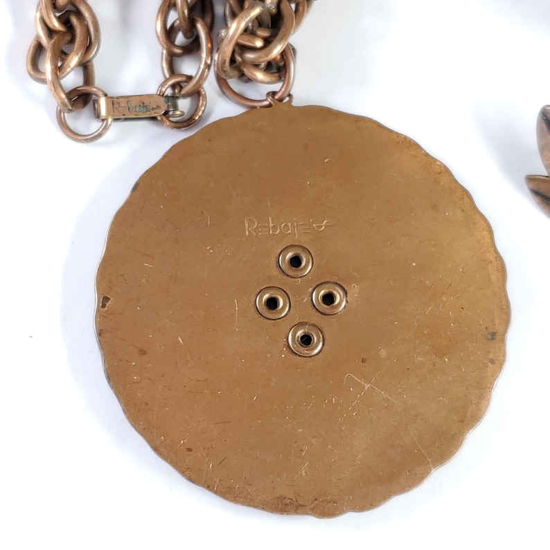 Signed Frank Rebajes Vintage Copper Set of Pendant Necklace Rebajes Copper Parure Wide Link Bracelet /& Screw Back Earrings Modernist Leaf