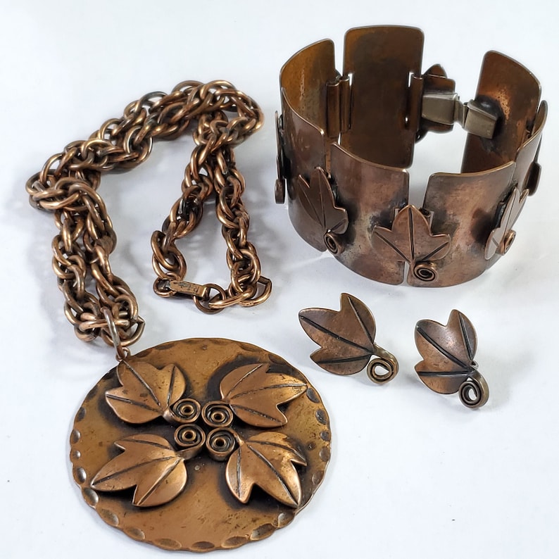 Signed Frank Rebajes Vintage Copper Set of Pendant Necklace Rebajes Copper Parure Wide Link Bracelet /& Screw Back Earrings Modernist Leaf