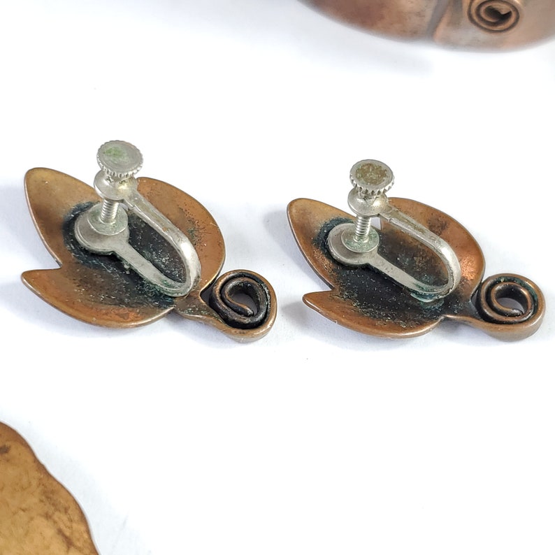 Signed Frank Rebajes Vintage Copper Set of Pendant Necklace Rebajes Copper Parure Wide Link Bracelet /& Screw Back Earrings Modernist Leaf