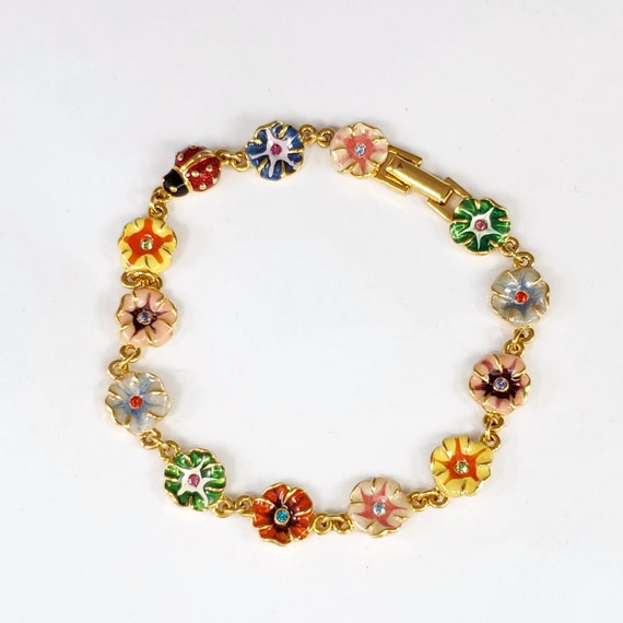Joan Rivers Bracelet, Enamel and Rhinestone Flower