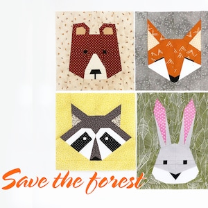 Quilt block forest animals / PDF pattern /  Pattern set / Paper piecing quilt patterns / Fox / Raccoon / Bunny / Bear