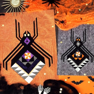 Könnte beinhalten: Zwei geometrische Spinnenmuster in Schwarz und Weiß auf orangefarbenem und grauem Stoff mit einer schwarzen Spinne und Fledermäusen auf orangefarbenem Hintergrund.