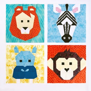 African animals / Set of 4 animal patterms / Lion / Monkey / Zebra / Hippo / FPP quilt patterns / PDF pattern / My zoo