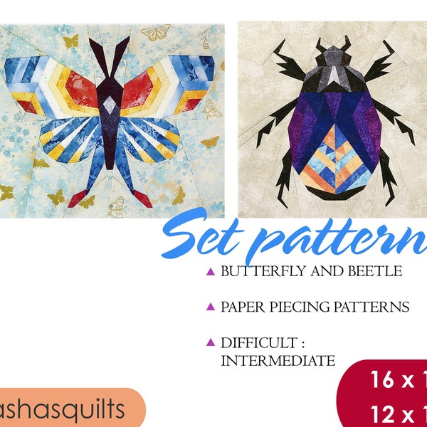 Beetle pattern /  Butterfly pattern / Set quilt block beetle / PDF pattern / Paper piecing quilt pattern / Modern Quilt