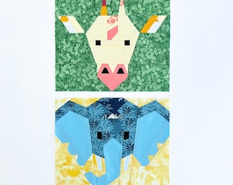 African animals / Set of 2 animal patterms / Elephant / Giraffe / FPP quilt patterns / PDF pattern / My zoo