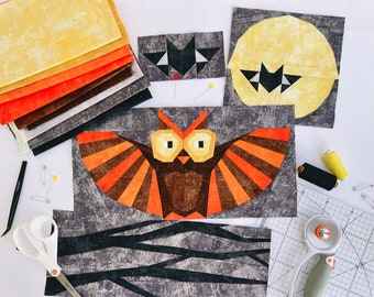 Modèle d’ensemble de courtepointe d’Halloween / Ensemble de 4 motifs / Hibou / Lune / Arbre / Chauve-souris / Modèles de courtepointe en papier de base / Modèle PDF