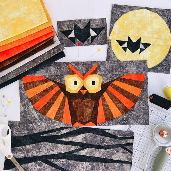 Halloween quilt set pattern / Set of 4 patterms / Owl / Moon / Tree / Bat / Foundation paper piecing quilt patterns / PDF pattern