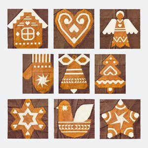 May include: A collection of nine fabric quilt blocks featuring brown and white patterns. The designs include a house, heart, angel, mitten, bell, tree, snowflake, bird, and star, all set against a dark brown fabric with small white dots.