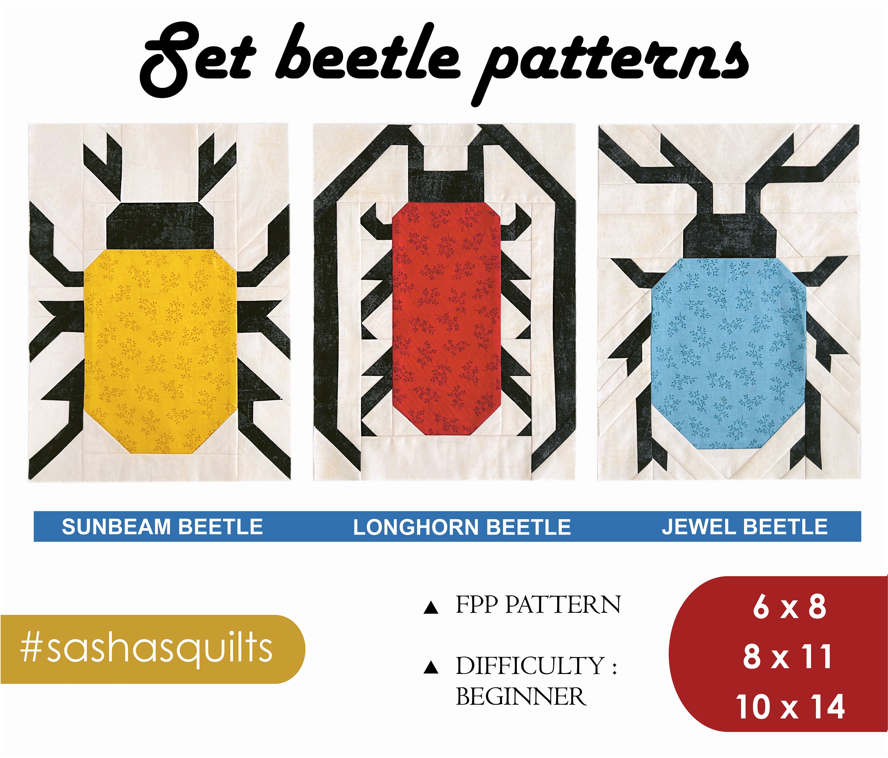 Beetle quilt patterns / SET 3 quilt block beetle patterns / PDF pattern / FPP Pattern