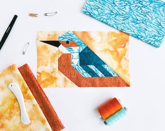 Modèle de courtepointe martin-pêcheur / Mini oiseau / Patron PDF / Fondation de papier peint / Patron FPP