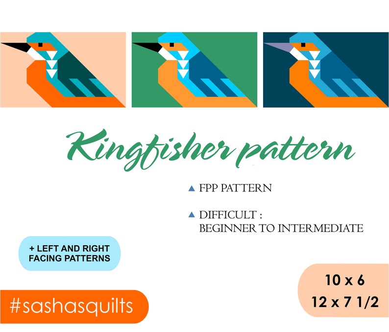 Kingfisher quilt pattern / Mini bird / PDF pattern / Foundation Paper Piecing / FPP Pattern image 2