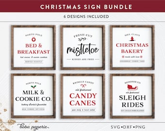 Christmas Sign SVG Bundle, Weihnachtsbäckerei svg, Mistelzweig svg, Schlittenfahrten svg, Milchkeks svg, Zuckerstangen, Nordpol Bett Frühstück svg