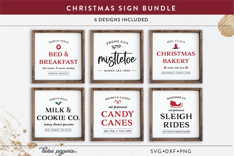 Christmas Sign SVG Bundle, Weihnachtsbäckerei svg, Mistelzweig svg, Schlittenfahrten svg, Milchkeks svg, Zuckerstangen, Nordpol Bett Frühstück svg Bild 1