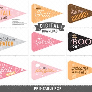 May include: Nine printable pennant flags with autumn and Halloween themes. The flags are pink, orange, and black with white text. The text includes "It's Fall y'all", "Pick of the Patch", "Hello Fall", "Spooky", "Oh my Gourd", "Hey Boo", "Let's Fall in Love", "Little Pumpkin", and "Welcome to our Patch".