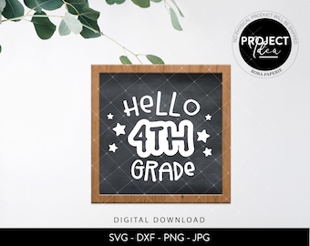 Puede incluir: Una pizarra negra con una inscripción blanca que dice "Hello 4th Grade" con estrellas alrededor del texto. La pizarra está enmarcada en madera y está sobre un fondo blanco.