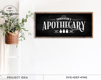May include: Black and white sign with the text "Sanderson's Apothecary Est. 1693" with three small bottles in the middle. The sign is framed in wood and hanging on a white wall.