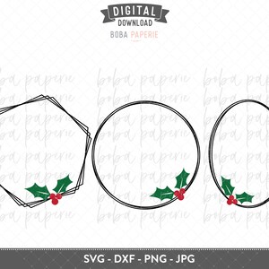 May include: Three black and white frames with a holly and berry design. The frames are a circle, an oval, and a hexagon.
