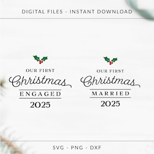 Nuestro primer adorno navideño SVG, comprometido SVG, nuestro primer archivo de corte SVG de casados de Navidad, SVG de Navidad, adorno de pareja, recuerdo de boda