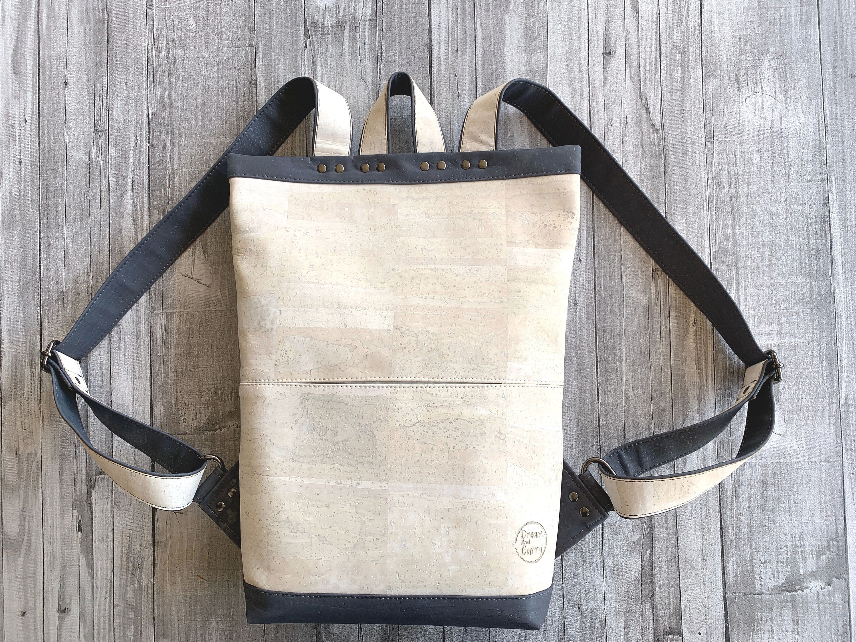 Elegant Cork Pattern In White And Tan With White Faux Leather Backpack Daisy Cork Convertible Backpack Purse – Sustainable Vegan  main image 2