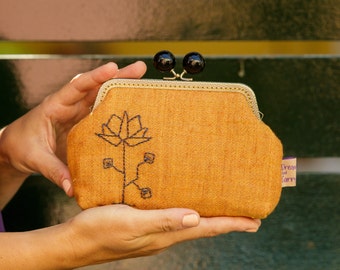 Golden Brown Linen Wallet, Embroidered Small Linen Kiss lock Purse, Gift Ideas