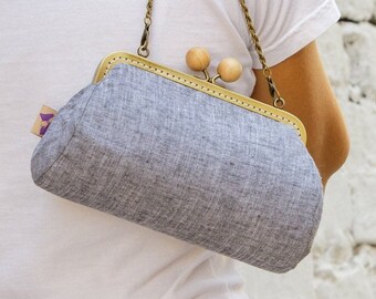 Cartera de mano de lino gris, Cartera de diario para mujer, Regalo único para ella, Cartera de estilo vintage