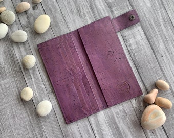 Cartera plegable delgada y larga de corcho morado para mujer, billetera minimalista de primera calidad, regalo personalizado con monograma, regalo ecológico vegano para ella