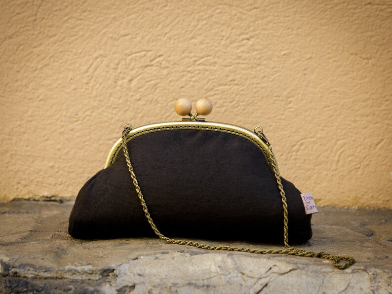 Cartera de mano de lino negra, Bolso de noche para mujer, Bolso de mano negro, Regalo único para ella imagen 6