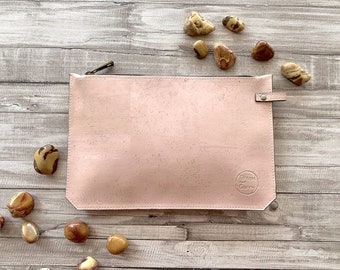 Dusty Pink Cork Clutch Purse, Iphone Zipper Pouch for Womens, Minimal Vegan Handcrafted Handbag, Eco-friendly gift