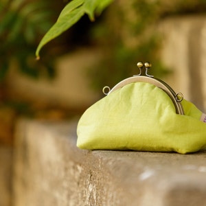 Small Linen Kiss lock Purse, Lime Linen Wallet, Metal Frame Clutch Purse, Gift For Sister image 1