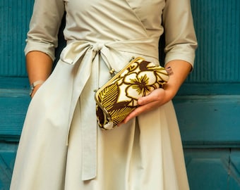 Cartera de mano con diseño floral, cartera de mano con marco de metal de lino, bolso de noche para mujer