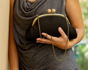 Cartera de mano de lino negra, Bolso de noche para mujer, Bolso de mano negro, Regalo único para ella