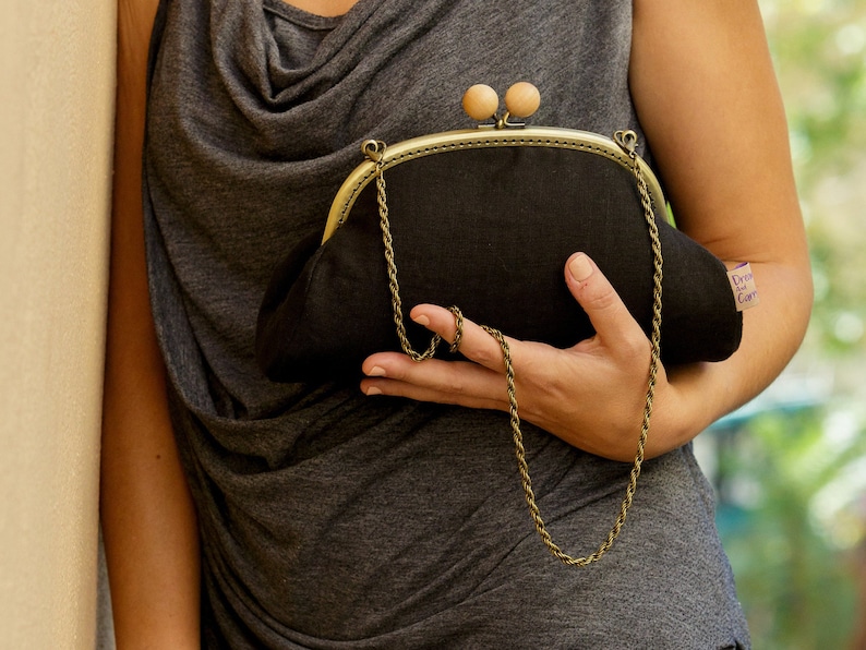 Cartera de mano de lino negra, Bolso de noche para mujer, Bolso de mano negro, Regalo único para ella imagen 1