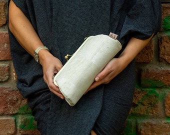 White Cork Clutch Purse, Vegan Metal Frame Clutch Bag, Wedding Handbag, Gift For Her