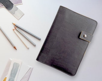 Funda para cuaderno A5 hecha a mano con tela de corcho negro / Cuaderno de bocetos rellenable