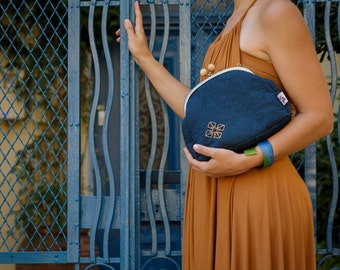 Navy Blue Large Clutch Purse, Linen Metal Frame Clutch Bag, Women's Evening Bag