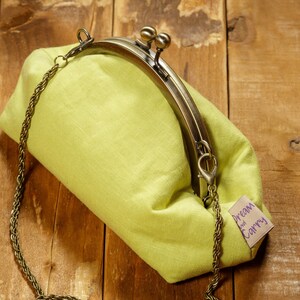 Small Linen Kiss lock Purse, Lime Linen Wallet, Metal Frame Clutch Purse, Gift For Sister image 7