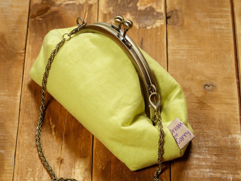 Small Linen Kiss lock Purse, Lime Linen Wallet, Metal Frame Clutch Purse, Gift For Sister image 7