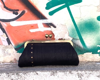 Black Cork Clutch Purse, Vegan Metal Frame Clutch Bag, Cork Handbag, Women's Evening Bag