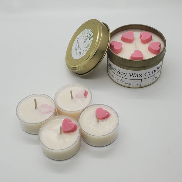 Strawberry Champagne Scented Soy Wax Candles, 4 oz. Tin, Pack of 4 Tealights, Hand Poured, Small Batch Candles, Kawaii Cute Hearts Design