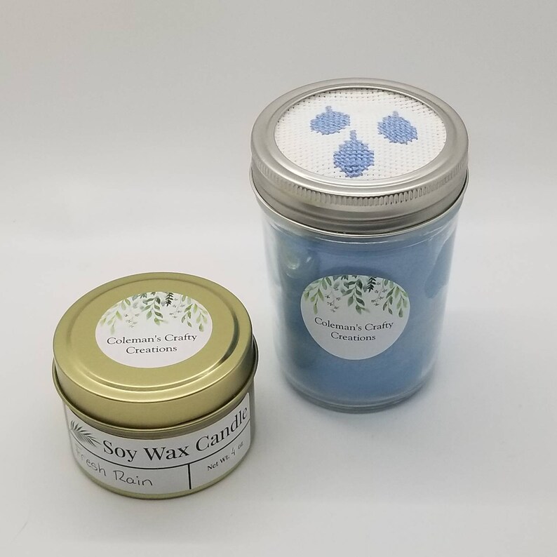 Fresh Rain Scented Soy Wax Candles, 8 oz Mason Jar Candle with Hand-Stitched Cross Stitch Topper, 4 oz Travel Sized Candle, 4 Tealights image 5