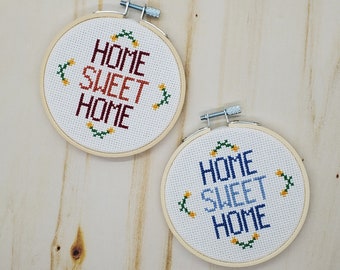 Home Sweet Home - Finished Cross Stitch - 4 inch wooden hoop - Two Color Choices - Needlepoint - Embroidery - Handmade Wall Art