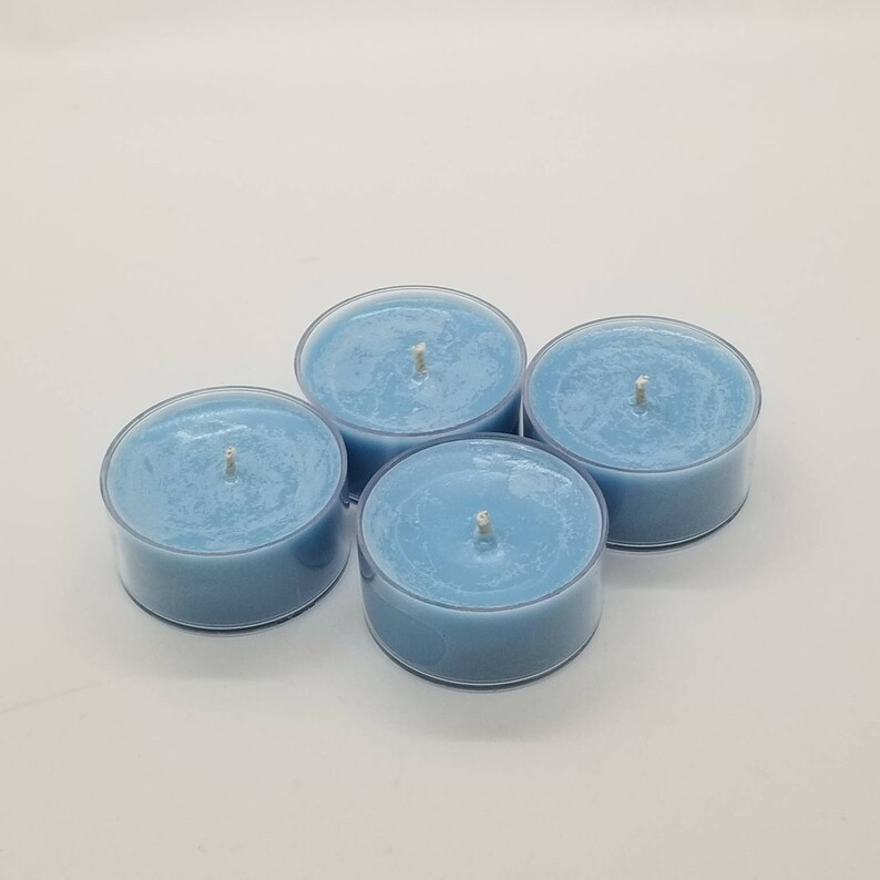 Fresh Rain Scented Soy Wax Candles, 8 oz Mason Jar Candle with Hand-Stitched Cross Stitch Topper, 4 oz Travel Sized Candle, 4 Tealights 4-Pack of Tealights