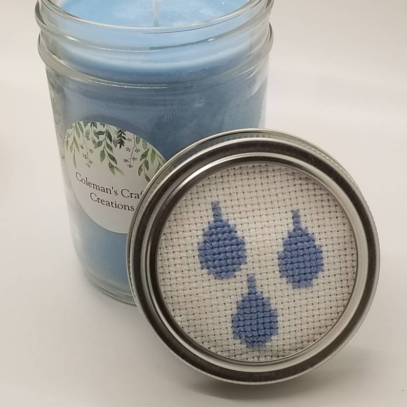 Fresh Rain Scented Soy Wax Candles, 8 oz Mason Jar Candle with Hand-Stitched Cross Stitch Topper, 4 oz Travel Sized Candle, 4 Tealights image 3