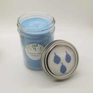 Fresh Rain Scented Soy Wax Candles, 8 oz Mason Jar Candle with Hand-Stitched Cross Stitch Topper, 4 oz Travel Sized Candle, 4 Tealights 8 oz. Mason Jar