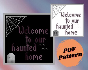 PDF Pattern - Welcome to our Haunted Home - Designed for 4x4 Inch frame on 14-count Aida cloth - Needlepoint, Cross Stitch Pattern Download