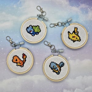 Pokémon Keychains - Finished Cross Stitch Keychain - 2.5 inch wooden hoop - Handmade Stitched Anime Accessory for purse, backpack, keys, bag
