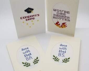 Graduation Cross Stitched Greeting Cards - Blank Inside - Handmade Blank Cards - Celebration, Sarcastic Gift Cards, College, High School