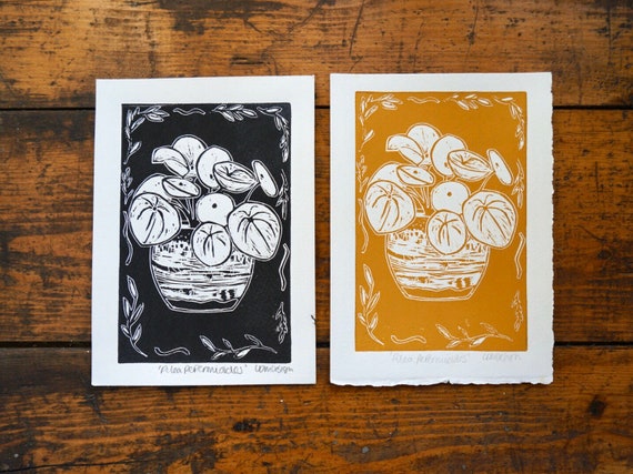 Original Linocut print ‘Pilea Peperomioides’ Chinese money plant.