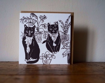 Eco friendly ‘Cats & plants’ linocut greetings card.