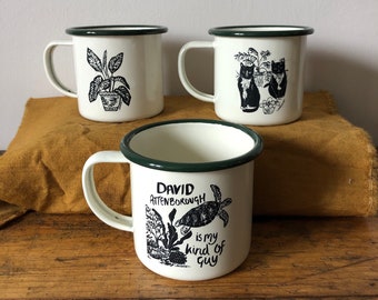 Eco friendly Enamel Mug Green Turtle / House Plant/ Cats & plants.